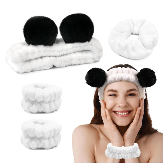 Face Wash Headband Skincare Headband Wrist Bands For Washing Face Set Spa Hair Bands come with a Hair Scrunchie Cute Panda Elastic Headband For Face Washing Makeup Skincare (Black and White)